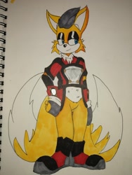 Size: 1536x2048 | Tagged: safe, artist:justsomeidiotonline, skye prower, oc, oc:anti-skye, fox, alignment swap, anti-mobius, clothes, eyeshadow, lidded eyes, looking offscreen, male, smile, solo, standing, traditional media