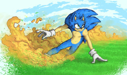 Size: 828x489 | Tagged: safe, artist:iracat, sonic the hedgehog, hedgehog, 2017, abstract background, dust clouds, grass, male, outdoors, skidding, smile, solo
