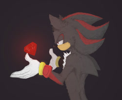 Size: 848x700 | Tagged: safe, artist:iracat, shadow the hedgehog, hedgehog, 2017, black background, chaos emerald, fluffy, lidded eyes, lineless, looking at something, male, simple background, solo