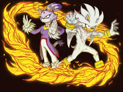 Size: 828x619 | Tagged: safe, artist:iracat, blaze the cat, silver the hedgehog, cat, hedgehog, 2017, black background, duo, female, fighting pose, fire, frown, male, simple background, smile, standing