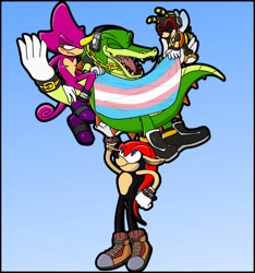 Size: 1024x1093 | Tagged: safe, artist:pikayolo, charmy bee, espio the chameleon, mighty the armadillo, vector the crocodile, 2023, gradient background, group, holding something, male, males only, pride, pride flag, smile, team chaotix, top surgery scars, trans pride, transgender