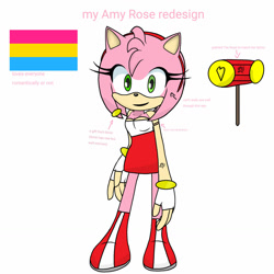 Size: 1280x1280 | Tagged: safe, artist:mindytraccoon, amy rose, 2023, english text, female, pansexual, piko piko hammer, pride flag, simple background, smile, solo, standing, white background