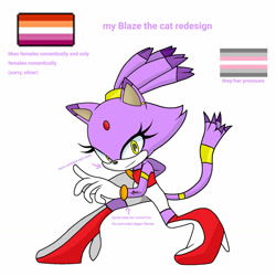 Size: 1280x1280 | Tagged: safe, artist:mindytraccoon, blaze the cat, cat, 2023, demigirl, english text, lesbian, looking at viewer, pride flag, simple background, smile, solo, standing, white background