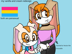 Size: 639x479 | Tagged: safe, artist:mindytraccoon, cream the rabbit, vanilla the rabbit, rabbit, 2023, base used, blue background, duo, english text, female, females only, holding hands, mother and daughter, pansexual, pride flag, simple background, smile, standing, white background