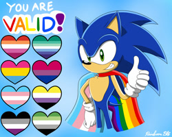 Size: 1280x1024 | Tagged: safe, artist:nicktoonsanimes, sonic the hedgehog, hedgehog, 2023, aromantic pride, asexual pride, bisexual pride, cape, english text, gay pride, gradient background, heart, lesbian pride, looking at viewer, male, mlm pride, nonbinary pride, pansexual pride, pride, smile, solo, sonic x style, standing, thumbs up, trans pride