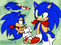 Size: 1600x1200 | Tagged: safe, artist:pukopop, sonic the hedgehog, hedgehog, 2022, abstract background, alternate universe, bandana, blushing, fingerless gloves, male, signature, sitting, sleeping, smile, solo, standing, star (symbol), zzz