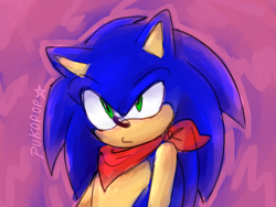 Size: 1600x1200 | Tagged: safe, artist:pukopop, sonic the hedgehog, hedgehog, 2022, abstract background, bandana, looking ahead, male, pout, signature, solo, standing