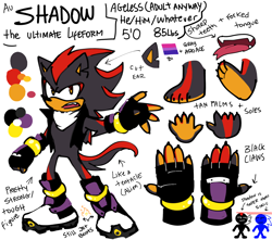 Size: 1600x1417 | Tagged: safe, artist:pukopop, shadow the hedgehog, hedgehog, 2022, ace, alternate universe, aromantic, bisexual, character name, chipped ear, claws, english text, fangs, fingerless gloves, graysexual, jacket, long tail, male, mouth open, reference sheet, simple background, solo, standing, white background