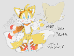 Size: 1600x1200 | Tagged: safe, artist:pukopop, miles "tails" prower, fox, 2023, alternate universe, blushing, boots, english text, goggles, goggles on head, grey background, looking at viewer, male, redesign, scarf, signature, simple background, smile, solo, standing, waving
