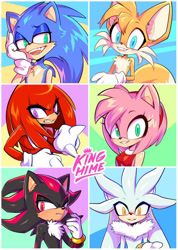 Size: 800x1121 | Tagged: safe, artist:king-hime, amy rose, knuckles the echidna, miles "tails" prower, shadow the hedgehog, silver the hedgehog, sonic the hedgehog, echidna, hedgehog, 2018, abstract background, eyelashes, female, group, male, panels, signature, smile