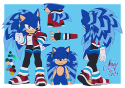 Size: 1748x1240 | Tagged: safe, artist:nowykowski, sonic the hedgehog, hedgehog, 2021, alternate universe, bisexual, blue background, border, clothes, colored quills, ear piercing, earring, jacket, male, signature, simple background, smile, solo