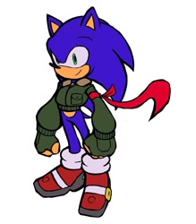 Size: 946x1080 | Tagged: safe, artist:jasongoldfalcon, sonic the hedgehog, hedgehog, 2022, alternate version, clothes, jacket, looking offscreen, male, redesign, simple background, smile, solo, standing, sunglasses, white background