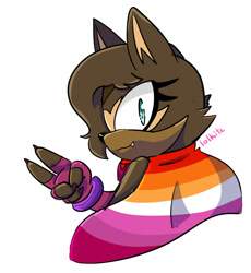 Size: 1280x1390 | Tagged: safe, artist:lolkitz, oc, oc:niyla, cat, brown fur, cape, eyelashes, female, fingerless gloves, lesbian, lesbian pride, looking back at viewer, oc only, one fang, pride, signature, simple background, smile, solo, turquoise eyes, v sign, white background
