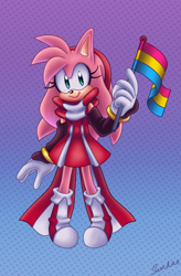 Size: 2100x3200 | Tagged: safe, artist:sundae2004, amy rose, hedgehog, 2023, abstract background, alternate universe, dress, female, flag, holding something, looking at viewer, pansexual, pansexual pride, pride, pride flag, scarf, signature, smile, solo, standing