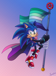 Size: 2300x3100 | Tagged: safe, artist:sundae2004, sonic the hedgehog, hedgehog, 2023, abstract background, alternate universe, cape, cheek fluff, flag, gay, genderfluid, genderfluid pride, holding something, looking at viewer, mlm pride, pride flag, red star ring, signature, smile, soap shoes, solo