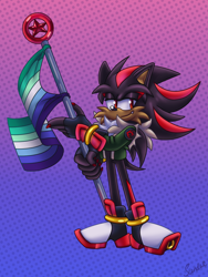 Size: 2100x2800 | Tagged: safe, artist:sundae2004, shadow the hedgehog, hedgehog, 2023, alternate universe, back fluff, cheek fluff, chest fluff, claws, fingerless gloves, flag, gay, holding something, jacket, lidded eyes, looking offscreen, male, mlm pride, neck fluff, one fang, pride, pride flag, red star ring, shadow's logo, signature, smile, solo, standing