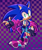 Size: 2500x3000 | Tagged: safe, artist:sundae2004, sonic the hedgehog, hedgehog, 2023, abstract background, arm warmers, checkered background, clothes, crop jacket, fingerless gloves, jacket, looking at viewer, pink shoes, shorts, smile, solo, standing