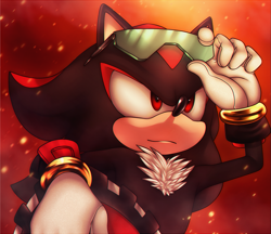 Size: 1157x1000 | Tagged: safe, artist:ami-dark, shadow the hedgehog, hedgehog, 2016, abstract background, holding something, looking offscreen, male, redraw, smile, solo, sonic free riders, standing, sunglasses