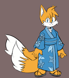 Size: 2504x2832 | Tagged: safe, artist:chipst3r, miles "tails" prower, fox, brown background, claws, commission, flat colors, gloves off, kimono, looking at viewer, male, sandals, simple background, smile, solo, standing