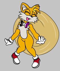 Size: 1795x2124 | Tagged: safe, artist:hedgiebeast, miles "tails" prower, fox, ace, asexual pride, bowtie, eyes closed, flat colors, flying, grey background, male, mouth open, pride, simple background, smile, solo, spinning tails