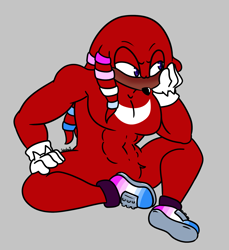 Size: 1829x2000 | Tagged: safe, artist:hedgiebeast, knuckles the echidna, echidna, bicurious, bicurious pride, blushing, flat colors, grey background, head rest, lidded eyes, looking offscreen, male, pride, simple background, sitting, solo