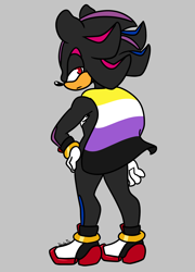 Size: 1652x2300 | Tagged: safe, artist:hedgiebeast, shadow the hedgehog, hedgehog, bisexual, bisexual pride, cape, flat colors, frown, grey background, lidded eyes, looking back, mouth open, nonbinary, nonbinary pride, pride, simple background, solo, standing