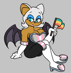 Size: 1740x1788 | Tagged: safe, artist:hedgiebeast, rouge the bat, bat, demigirl, demigirl pride, flag, flat colors, grey background, holding something, looking at viewer, pansexual, pansexual pride, pride, pride flag, simple background, sitting, smile, solo