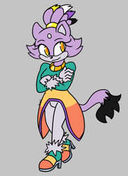 Size: 1932x2647 | Tagged: safe, artist:hedgiebeast, blaze the cat, cat, arms folded, flat colors, grey background, looking offscreen, nonbinary, nonbinary pride, pansexual, pansexual pride, pride, simple background, smile, solo, walking