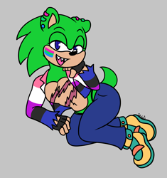 Size: 2092x2224 | Tagged: safe, artist:hedgiebeast, surge the tenrec, hedgehog, flat colors, floppy ear, genderfluid, genderfluid pride, grey background, looking at viewer, lying on side, mouth open, polysexual, polysexual pride, pride, sharp teeth, simple background, solo