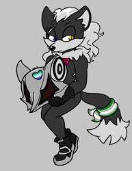 Size: 1776x2300 | Tagged: safe, artist:hedgiebeast, infinite the jackal, jackal, flat colors, frown, gay, graysexual, graysexual pride, grey background, heart, heterochromia, holding something, infinite's mask, lidded eyes, looking offscreen, male, mlm pride, mouth open, pride, simple background, sitting, solo, tailscarf