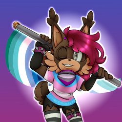 Size: 1000x1000 | Tagged: safe, artist:sjdoodle, oc, oc:ash the lynx, lynx, bandana, dyed hair, gay, gradient background, graysexual, graysexual pride, green eyes, holding something, looking at viewer, male, mlm pride, oc only, pride, shirt, smile, solo, spiked bracelet, standing, stockings, trans male, trans pride, transgender, wink