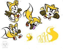 Size: 3181x2458 | Tagged: safe, artist:dashboardcomics, miles "tails" prower, fox, brown gloves, character name, english text, eyelashes, flying, male, mouth open, smile, solo, spinning tails, standing, sweatdrop, tongue out