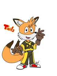 Size: 900x1200 | Tagged: safe, artist:shenvalor, miles "tails" prower, fox, 2021, belt, brown gloves, character name, classic tails, clothes, looking at viewer, male, mouth open, redesign, signature, simple background, smile, solo, standing, white background