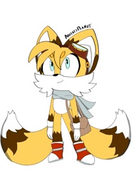 Size: 1125x1500 | Tagged: safe, artist:axolotlpeanut, miles "tails" prower, fox, 2022, beanbrows, boots, chibi, flat colors, goggles, goggles on head, redesign, satchel, scarf, simple background, smile, standing, white background