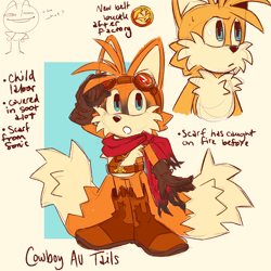 Size: 3000x3000 | Tagged: safe, artist:candycatstuffs, miles "tails" prower, fox, 2022, abstract background, alternate universe, au:cowboy, belt, boots, brown gloves, cowboy, cowboy boots, english text, goggles, looking up, male, mouth open, scarf, solo, standing
