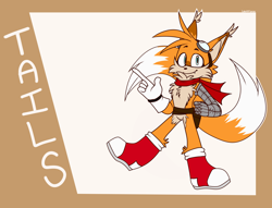 Size: 2556x1952 | Tagged: safe, artist:cloudsthehedgefox99, miles "tails" prower, fox, 2020, alternate universe, belt, boots, character name, english text, goggles, leg fluff, looking at viewer, male, one fang, partially roboticized, pointing, prosthetic, scarf, smile, solo, standing