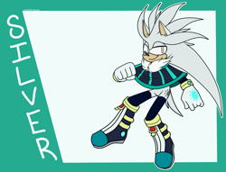 Size: 2556x1952 | Tagged: safe, artist:cloudsthehedgefox99, silver the hedgehog, hedgehog, 2020, abstract background, alternate universe, blind, character name, disabled, lidded eyes, looking offscreen, male, poncho, smile, solo