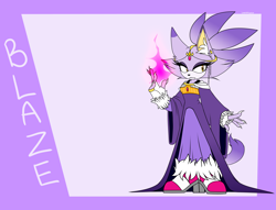 Size: 2556x1952 | Tagged: safe, artist:cloudsthehedgefox99, blaze the cat, cat, 2020, abstract background, character name, claws, female, fingerless gloves, flame, looking offscreen, solo, standing