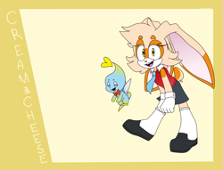 Size: 2556x1952 | Tagged: safe, artist:cloudsthehedgefox99, cheese (chao), cream the rabbit, chao, rabbit, 2020, abstract background, character name, female, genderless, heart, solo, standing