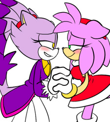 Size: 450x500 | Tagged: safe, artist:chaos-matrimony, amy rose, blaze the cat, cat, hedgehog, 2015, amy x blaze, amy's halterneck dress, blaze's tailcoat, blushing, cute, female, females only, holding hands, lesbian, looking at each other, shipping