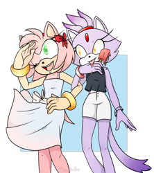 Size: 540x608 | Tagged: safe, artist:saucynadles, amy rose, blaze the cat, cat, hedgehog, 2015, amy x blaze, cute, date, female, females only, ice cream, lesbian, looking at them, shipping