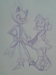 Size: 540x713 | Tagged: safe, artist:kidneybones, amy rose, blaze the cat, cat, hedgehog, 2017, amy x blaze, amy's halterneck dress, blaze's tailcoat, cute, female, females only, holding hands, lesbian, looking at each other, shipping, sketch, traditional media