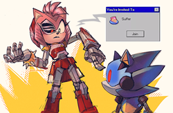 Size: 1451x950 | Tagged: safe, artist:9474s0ul, amy rose, hedgehog, sonic prime s2, chaos sonic, duo, english text, female, genderless, looking at each other, meme, partially roboticized, pointing, robot, rusty rose, standing, windows