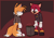 Size: 1170x820 | Tagged: safe, artist:suchscary, barry the quokka, miles "tails" prower, fox, the murder of sonic the hedgehog, abstract background, crying, duo, english text, lidded eyes, looking at something, male, quokka, standing, tails is not amused, trash can