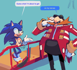 Size: 837x764 | Tagged: safe, artist:motobugg, robotnik, sonic the hedgehog, hedgehog, human, abstract background, bridge, dialogue, duo, english text, facebook messenger, looking at them, male, males only, meme, outdoors, standing