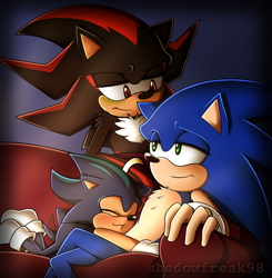 Size: 1272x1299 | Tagged: safe, artist:shadowfreak98, shadow the hedgehog, sonic the hedgehog, oc, oc:terios the hedgehog, hedgehog, abstract background, blushing, chest fluff, couch, eyes closed, family, fankid, father and son, gay, hugging, lidded eyes, magical gay spawn, male, males only, parent:shadow, parent:sonic, parents:sonadow, shadow x sonic, shipping, sitting, smile, trio, wagging tail