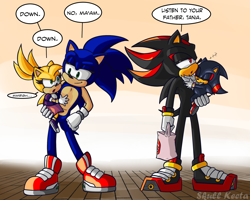 Size: 2048x1638 | Tagged: safe, artist:skull-keeta-art, shadow the hedgehog, sonic the hedgehog, oc, oc:tania the hedgehog (skull-keeta), oc:terios the hedgehog (skull-keeta), hedgehog, abstract background, carrying them, clothes, dialogue, english text, family, fankid, father and daughter, father and son, female, frown, group, indoors, lidded eyes, magical gay spawn, male, mouth open, parent:shadow, parent:sonic, parents:sonadow, sleeping, smile, speech bubble, standing, zzz