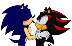 Size: 2048x1322 | Tagged: safe, artist:skull-keeta-art, shadow the hedgehog, sonic the hedgehog, hedgehog, blushing, duo, eyes closed, gay, heart, kiss on nose, looking at them, male, males only, shadow x sonic, shipping, simple background, smile, standing, transparent background, wagging tail