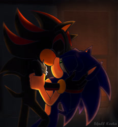 Size: 1901x2048 | Tagged: safe, artist:skull-keeta-art, shadow the hedgehog, sonic the hedgehog, hedgehog, abstract background, blushing, duo, eyes closed, gay, gloves off, holding each other, indoors, kiss, lidded eyes, looking at them, male, males only, shadow x sonic, shipping, signature, sunset
