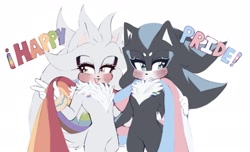 Size: 1941x1180 | Tagged: safe, artist:oatmeals_, mephiles the dark, silver the hedgehog, hedgehog, blushing, catgender, catgender pride, duo, english text, eyelashes, gay, gay pride, holding something, male, mephilver, mlm pride, pride, pride flag, shipping, simple background, standing, trans pride, v sign, white background, xenogender